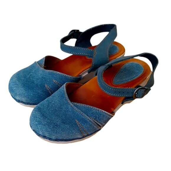 Dansko Margrete RARE Blue Denim Suede Straps Y2K VTG Retro Sandal Clogs 38 - Picture 1 of 8